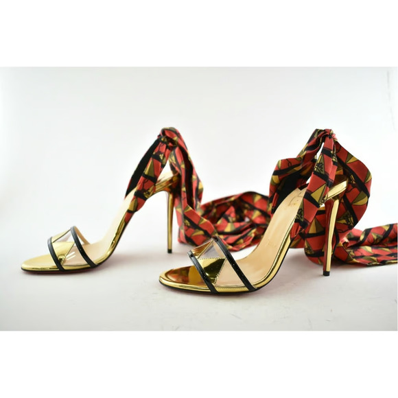 Christian Louboutin Baigneuse 100 Black Gold Red PVC Lace Up Sandal Heel Pump 37 - Picture 10 of 12